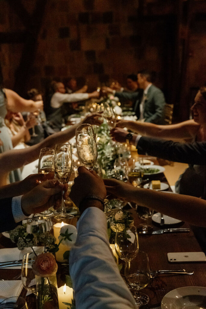 Guests at a wedding clink champagne 